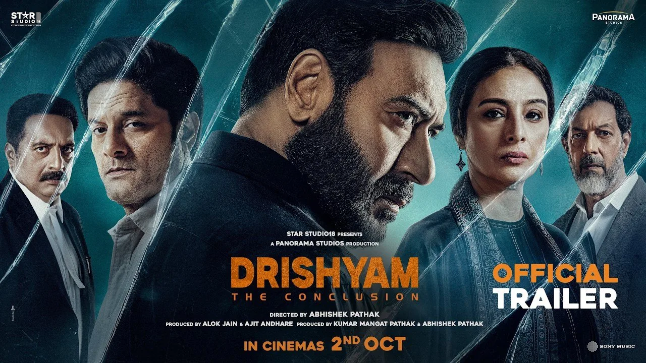 Official Drishyam: The Conclusion poster with Ajay Devgn, Jaideep Ahlawat and Tabu behind cracked glass