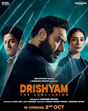 Official Drishyam: The Conclusion poster with Ajay Devgn, Jaideep Ahlawat and Tabu behind cracked glass