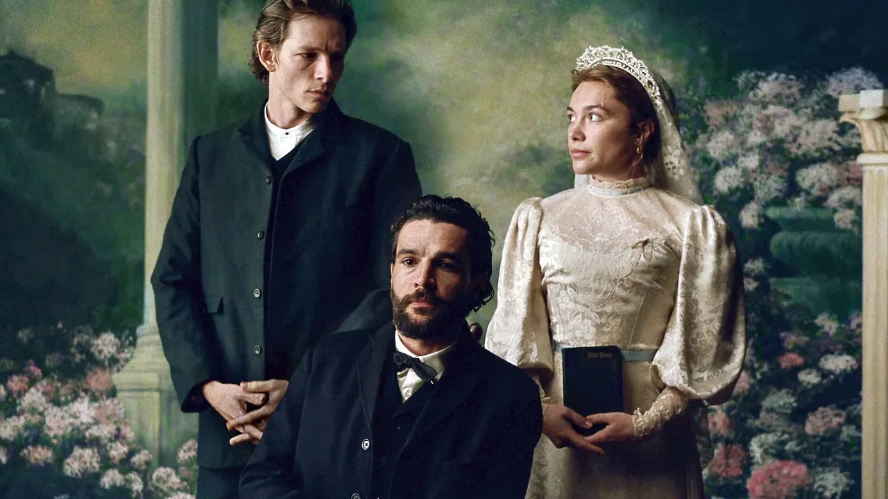 Official Netflix still from East of Eden: Mike Faist, Christopher Abbott and Florence Pugh in a wedding portrait
